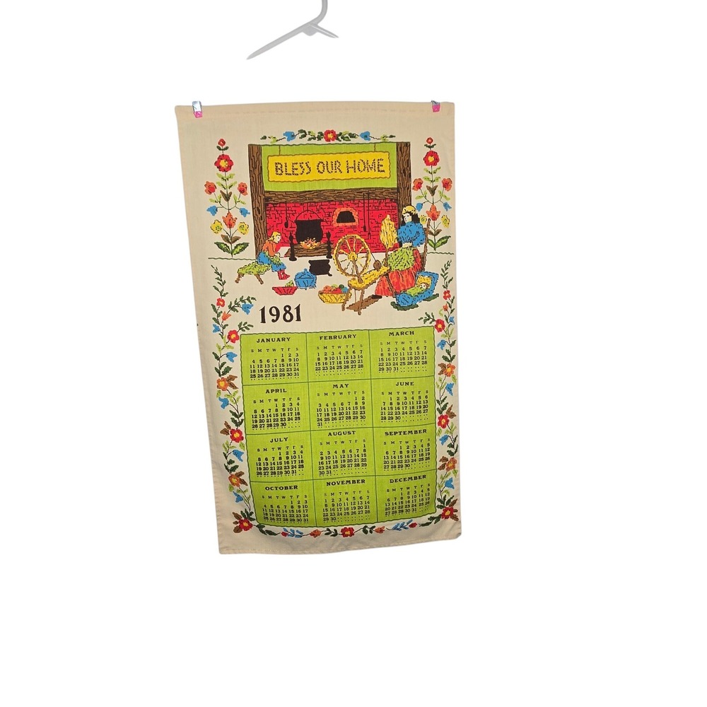 Vintage 1981 Linen Tea Towel Wall Calendar Bless Our Home Bohemian Farmhouse